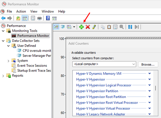 Performance Monitor shows a set of Hyper-V and other counters to choose from