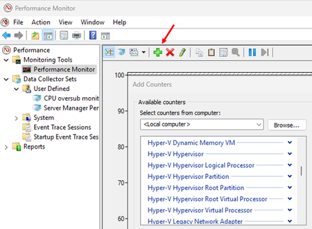 Performance Monitor shows a set of Hyper-V and other counters to choose from
