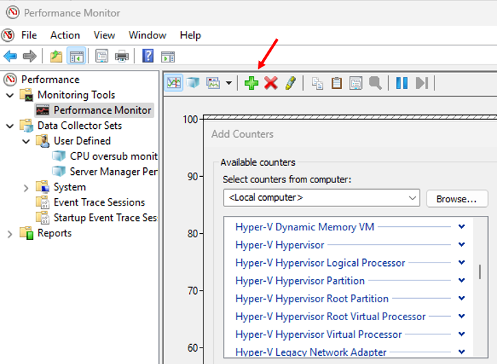 Performance Monitor shows a set of Hyper-V and other counters to choose from