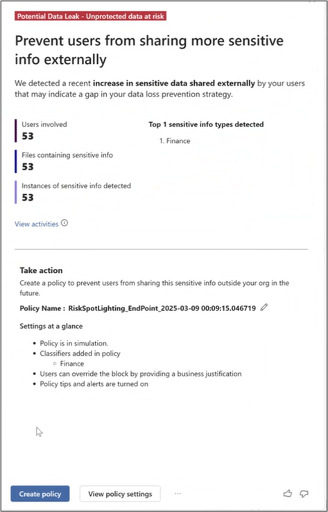 Screenshot of potential data leak recommendation