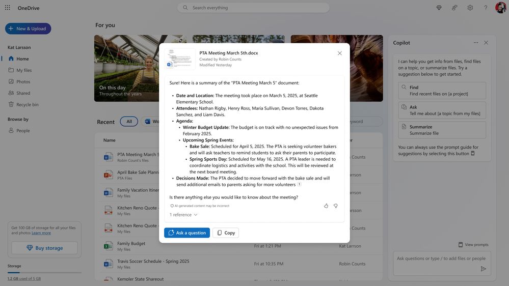Copilot summarizing a document stored in OneDrive, providing a concise summary of its contents.