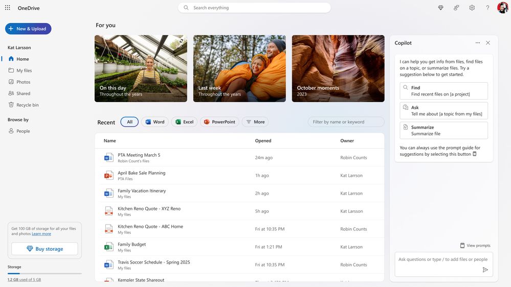 Copilot chat open on the OneDrive Home tab prompting the user to ask a question or perform an action on a file.