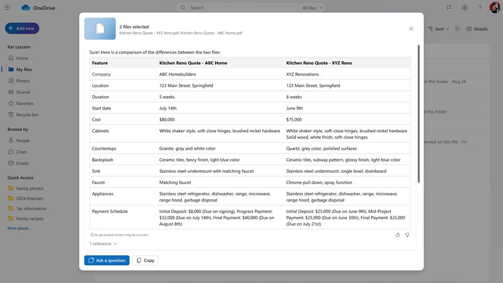 Copilot comparing two documents from the user's OneDrive in a simple table.