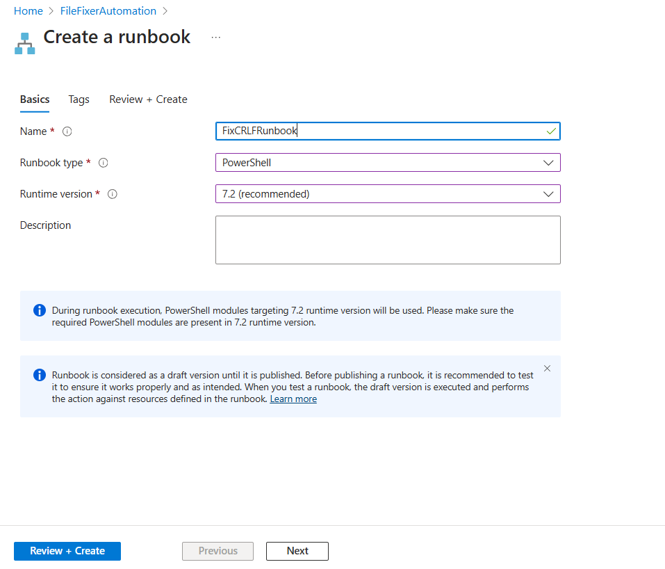 Configure the new runbook