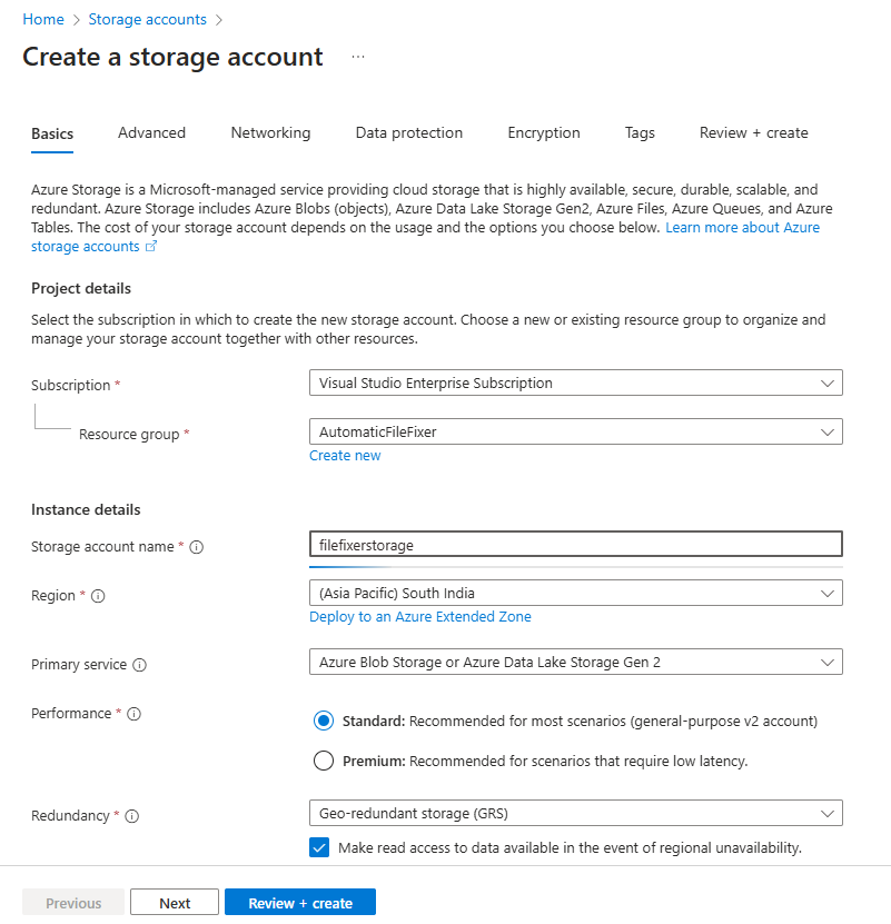 Configure the storage account