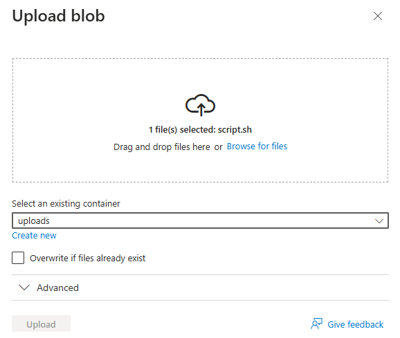 Uploading script.sh file to blob storage