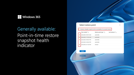 A health indicator for point-in-time restore snapshots for Windows 365 is now available