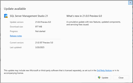 A screenshot of the Visual Studio Installer with an available update for SQL Server Management Studio (SSMS) 21 Preview 6 Release