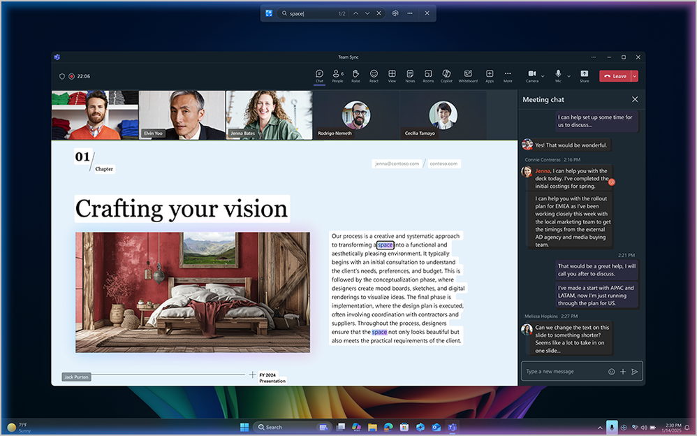 Screenshot of Click to Do (preview) highlighting search items on the projected screen in a Microsoft Teams meeting. Shows Teams window with image, chat sidebar on the right, and pictures of the meeting participants across the top of the window--all on a dark background.
