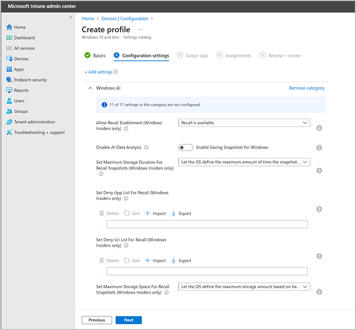 Screenshot of the Recall (preview) policy settings in the Microsoft Intune admin center.