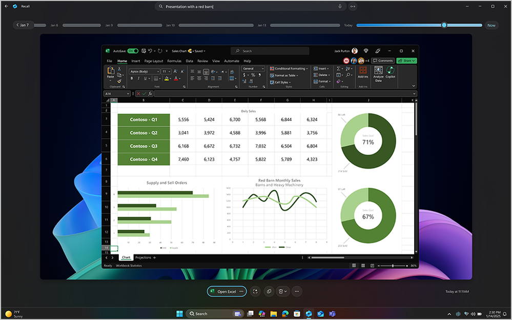 Screenshot of the Recall (preview) timeline showing work on a Microsoft Excel document as a result of the search for related keywords. Shows window with the timeline and graphs, bar charts, and more--all on a dark background with partial Microsoft bloom.