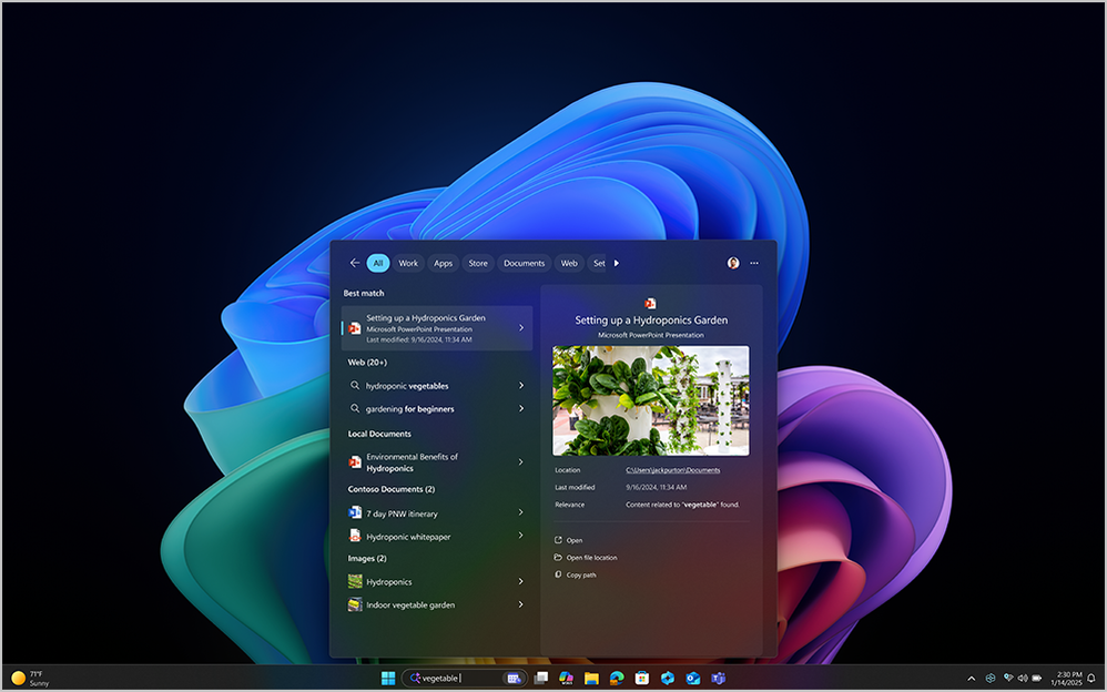 Screenshot of improved Windows search showing a document thumbnail that has a matching image to the keyword in the Windows search bar. Shows search result with inset photo of a hydroponic garden -- all on a dark background with partial Microsoft bloom..