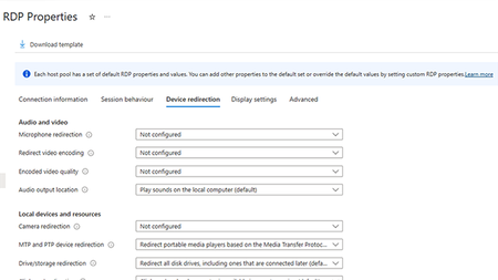 Screenshot of host pool RDP properties and device redirection options.