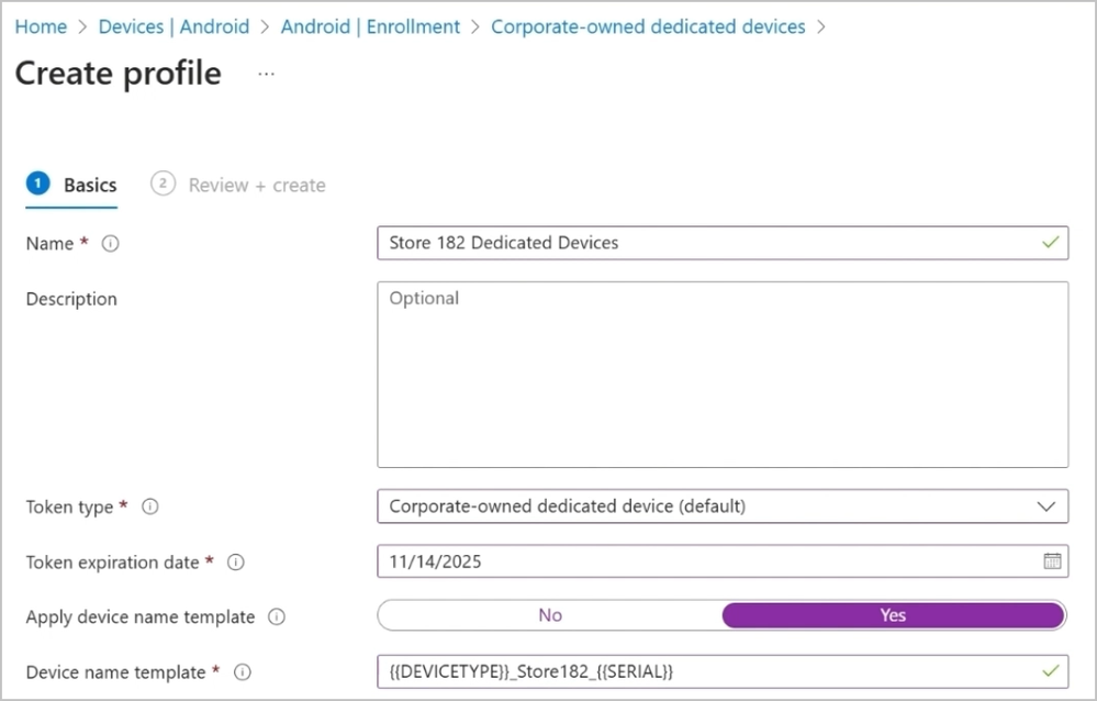 Screenshot of Create profile - Device type and serial number are among the variables that can be used alongside custom text in a template.