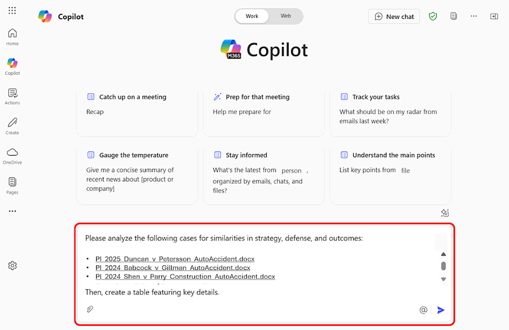 Screen shot of a Copilot prompt that reads, “Please analyze the following cases for similarities in strategy, defense, and outcomes [links to three files are shown], Then, create a table featuring key details.”