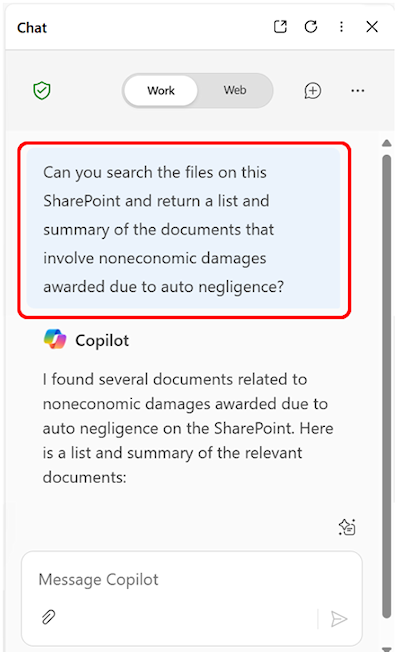 Screen shot of a Copilot prompt that reads, “Can you search the files on this SharePoint and return a list and summary of the documents that involve noneconomic damages awarded due to auto negligence?”