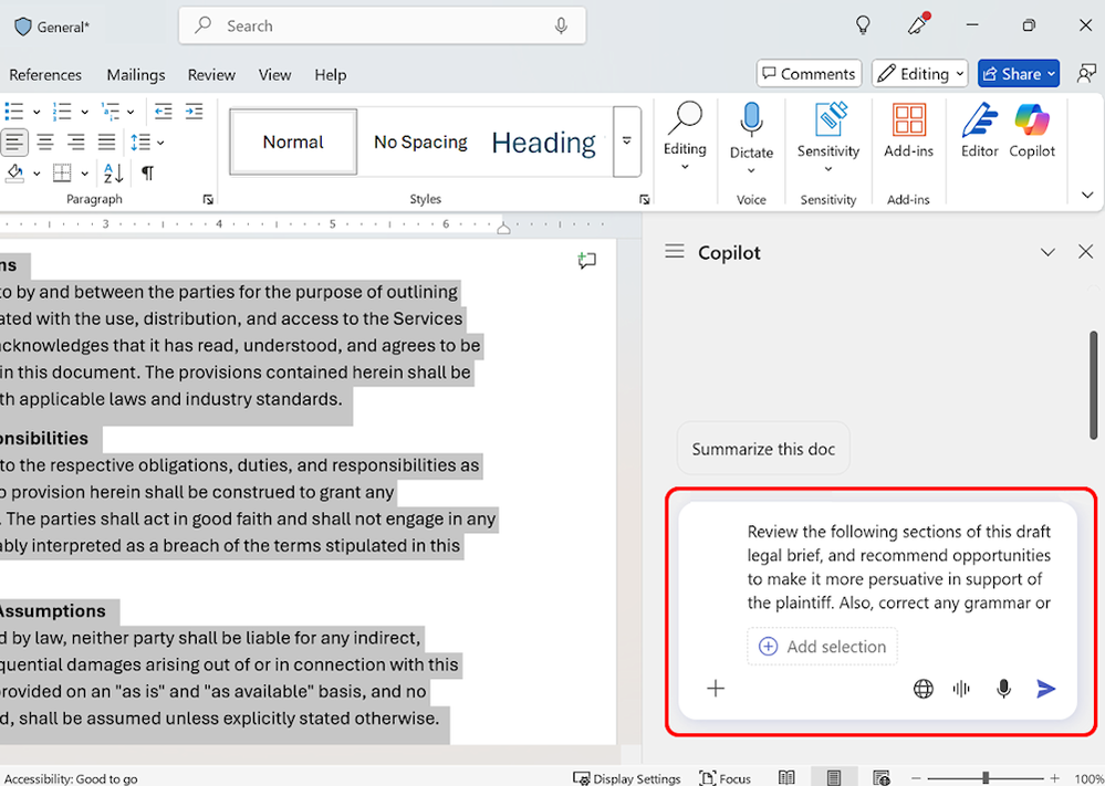 Screen shot of Copilot in Word, using a prompt that reads, “Review the following sections of this draft legal brief, and recommend opportunities to make it more persuasive in support of the plaintiff. Also, correct any grammar or…”