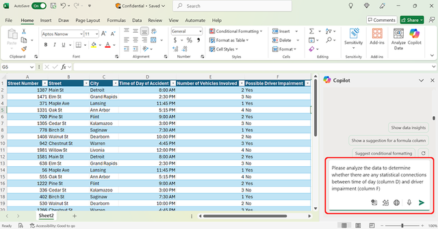 Screen shot of the Copilot in Excel with a prompt that reads, “Please analyze the data to determine whether there are any statistical connections between time of day (column D) and driver impairment (column F).