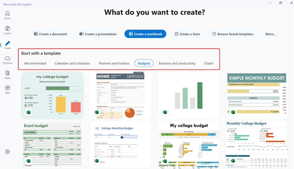 A screen capture of a “Create a workbook” tab in the Create module highlighting the “Start with a template” feature, with “Budgets” selected along with a variety of pre-designed budget workbook layouts.