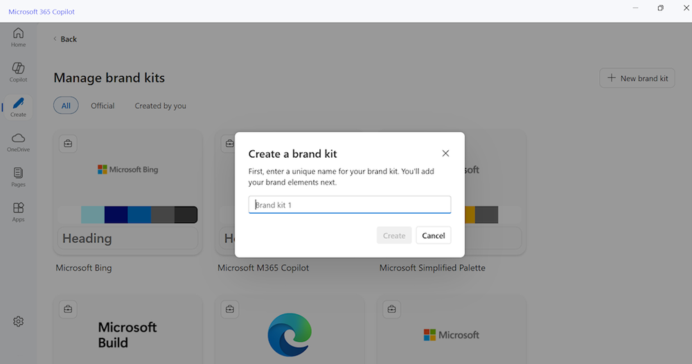 A screen capture of a dialogue box with the words “Create a brand kit” within the Create module.