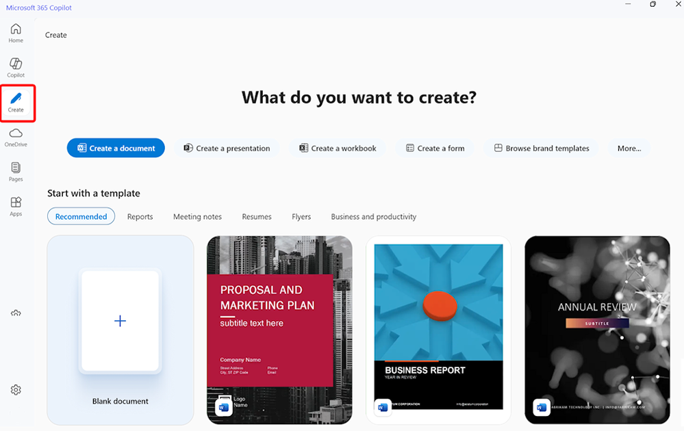 A screen capture of the Create module with the question “What do you want to create?”, followed by tabs and corresponding template designs for “Create a document”, “Create a presentation”, “Create a workbook”, “Create a form”, “Browse brand templates” and more.