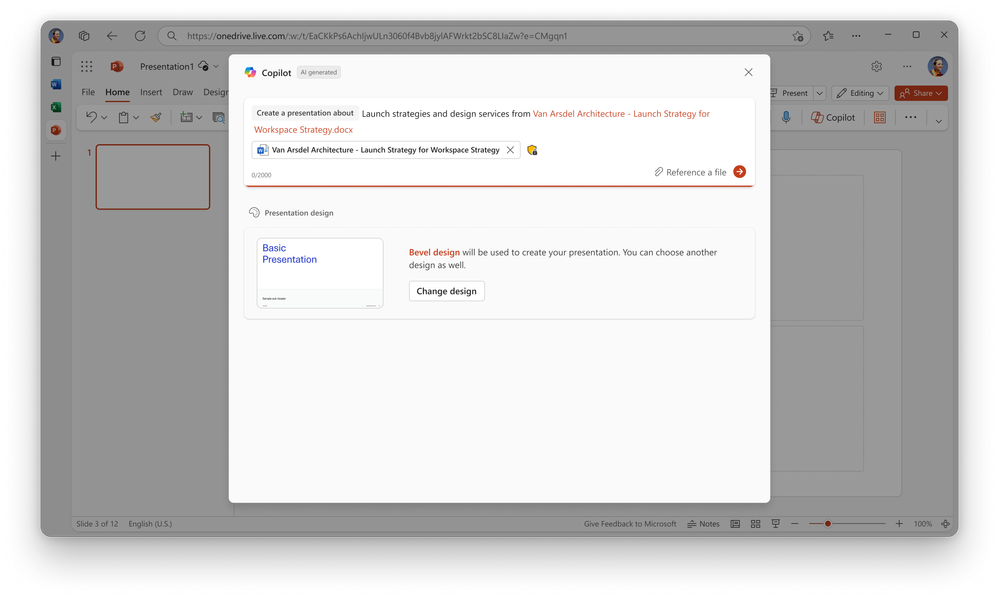 Asking Microsoft 365 Copilot to create a presentation from a file with an organization asset template.