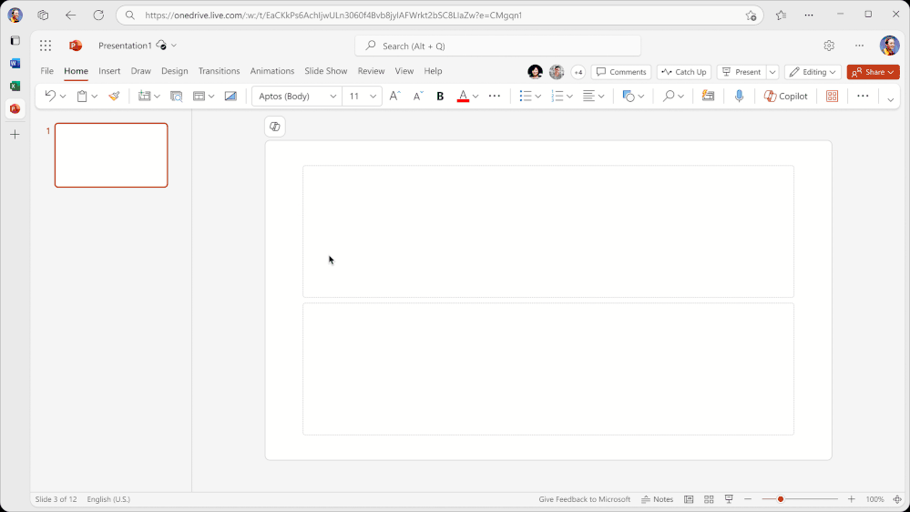 A moving image of someone in PowerPoint selecting a template when asking Microsoft 365 Copilot to create a presentation.