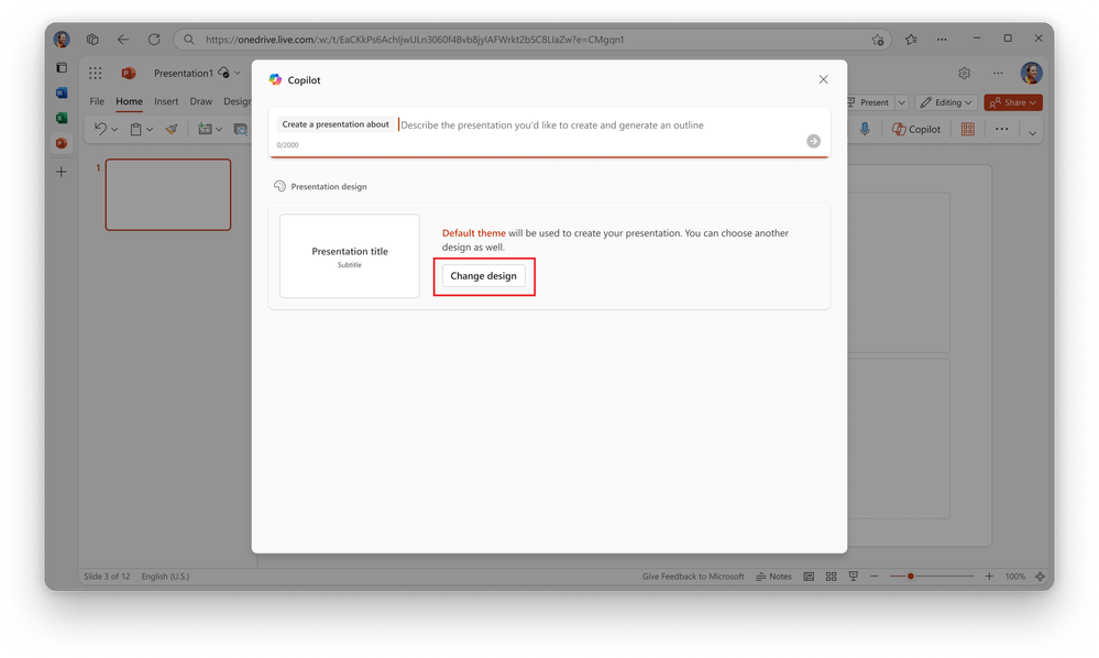 A screenshot of the Change design button in Microsoft 365 Copilot in PowerPoint.