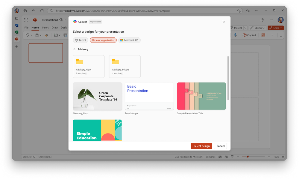 The Your Organization tab in the Microsoft 365 Copilot menu in PowerPoint.
