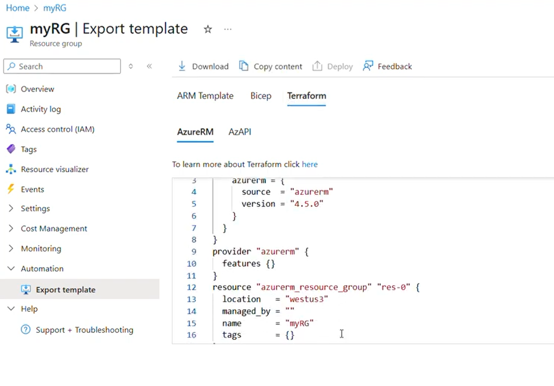 Azure Terraform Export Button