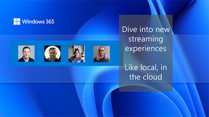 Blog title on blue background with Windows bloom, small photos of each member of the panel, and Windows 365 logo