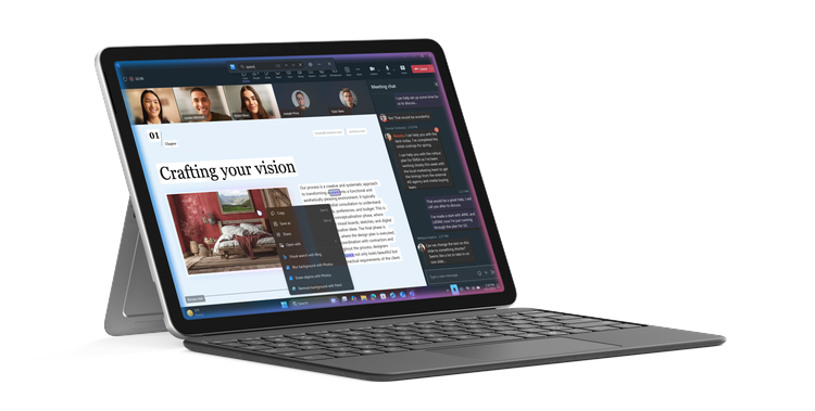 Surface Pro for Business, 12-inch shown with keyboard and kickstand extended, displaying a Click to Do AI interface that analyzes and suggests actions on a document.