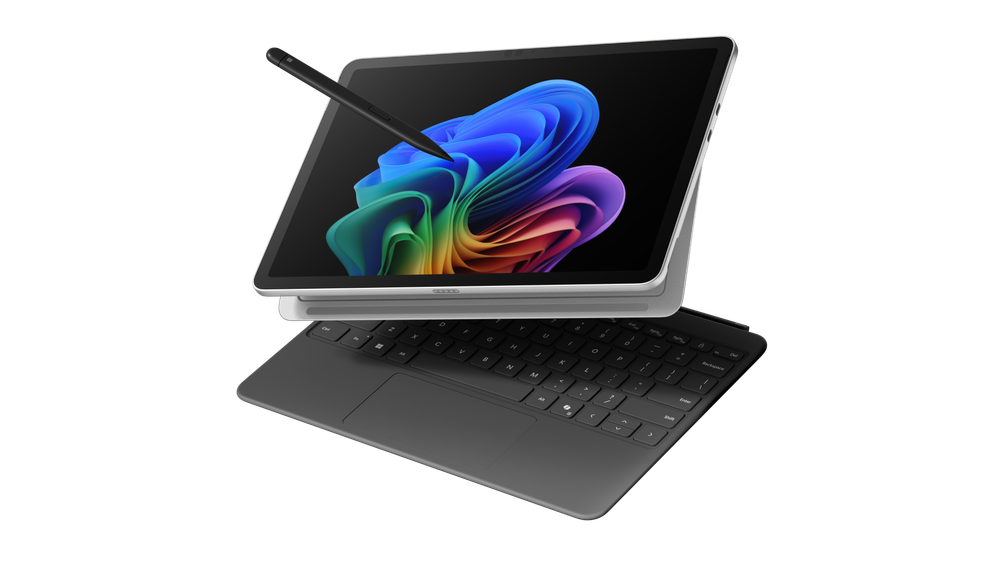 Image of Surface Pro 12-inch with a Surface Slim Pen floating over keyboard
