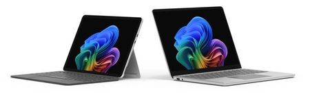 Surface Laptop for Business (13-inch) and Surface Pro for Business (12-inch) shown side by side, both featuring vibrant Copilot+ PC wallpapers on screen.