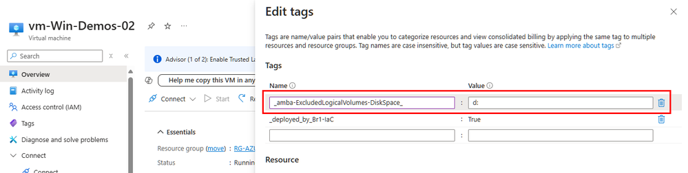 Sample screenshot of the logical volume exclusion tag and related value