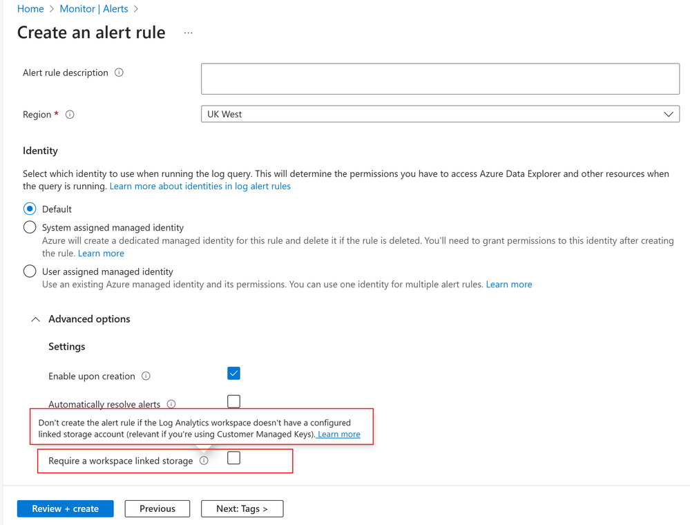 Screenshot of the alert rule portal UI configuration applied through policies