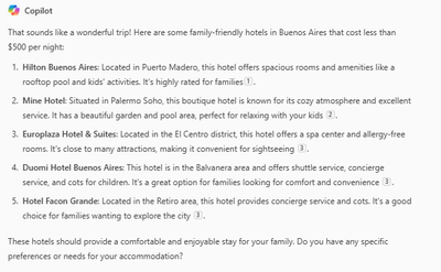 A list of hotel recommendations under $500 in Buenos Aires, Argentina, from Microsoft Copilot.