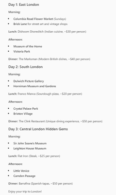 A 3-day trip itinerary to London, England, from Microsoft Copilot.