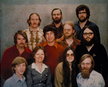 1978: Microsoft’s founding employees gather to take a portrait before the company moved from Albuquerque to Redmond, WA. Front row (left to right): Bill Gates, Andrea Lewis, Marla Wood, and Paul Allen. Middle row: Bob O’Rear, Bob Greenberg, Marc McDonald, and Gordon Letwin. Back row: Steve Wood, Bob Wallace, and Jim Lane. Not pictured is Miriam Lubow. Albuquerque, New Mexico.