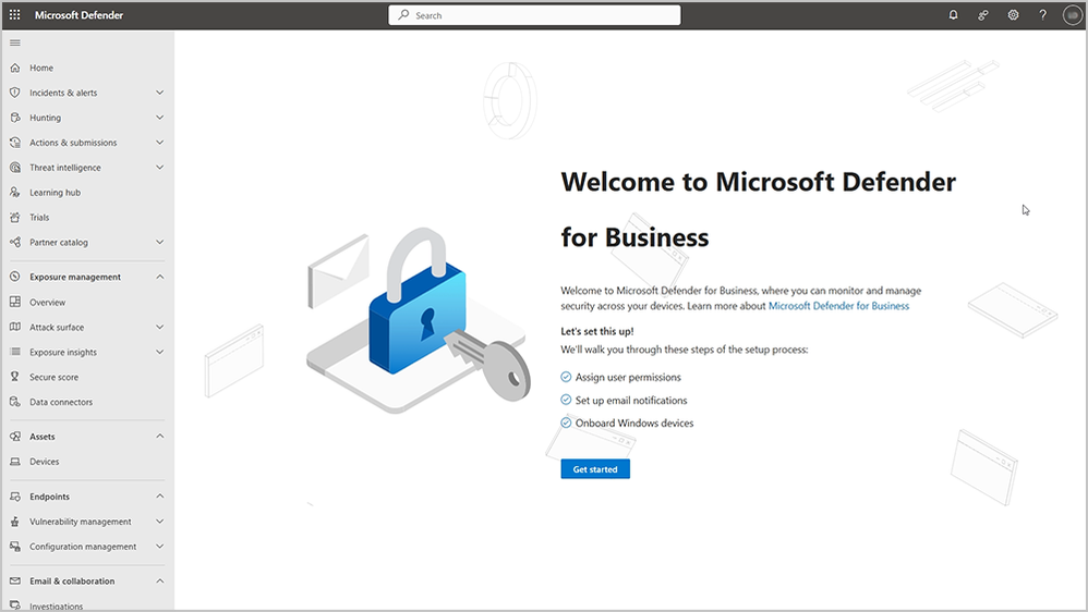 Screenshot of welcome screen to Microsoft Defender for Business