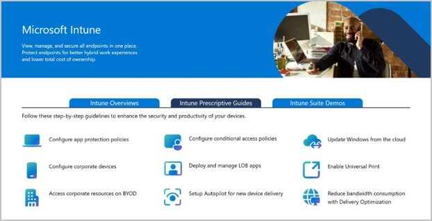 Screenshot of Microsoft Intune home page for interactive click-through guides