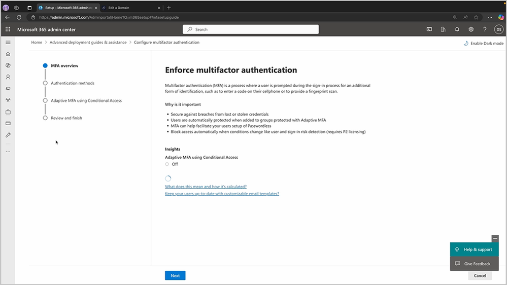 Screenshot of Microsoft 365 admin center - Enforce multifactor authentication