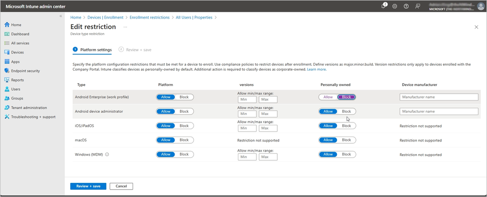 Screenshot of Microsoft Intune admin center - Platform settings edit restrictions