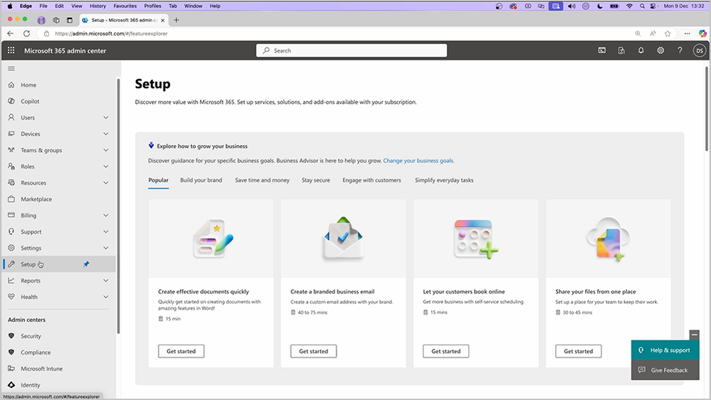 Screenshot of Microsoft 365 admin center - Setup