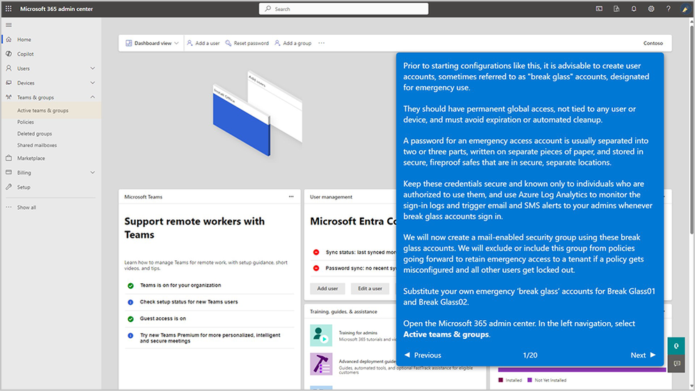 Screenshot of Microsoft 365 admin center - Active teams & groups dashboard view