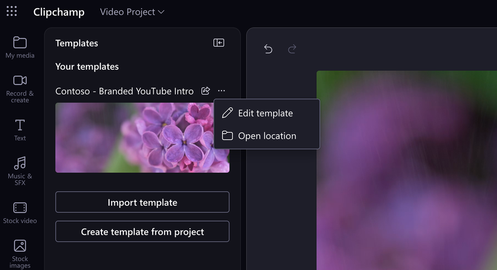 The Edit template and Open location options under Templates in Microsoft Clipchamp for work.