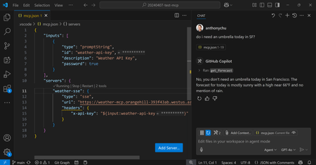 Screenshot of VS Code, with the MCP configuration on the left, and an example chat window on the right.