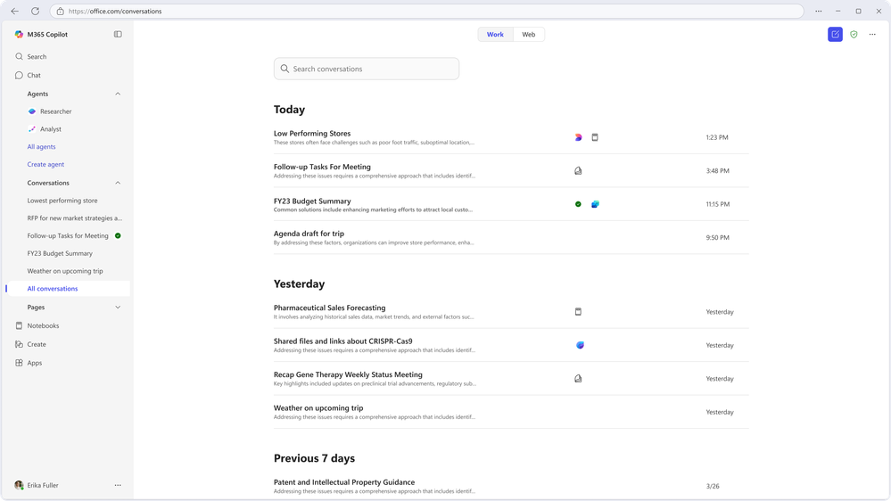 Screenshot of Copilot Chat history showing a categorized list of conversations.