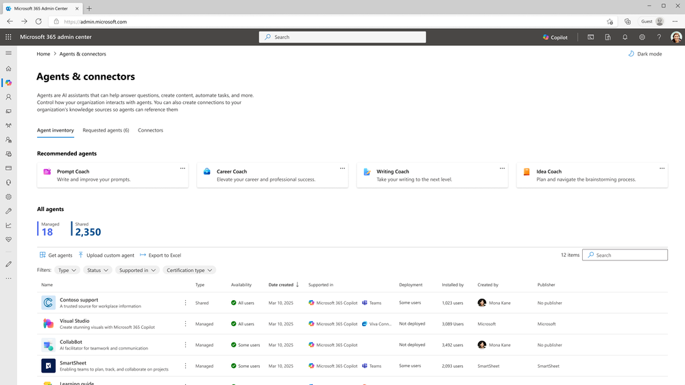 An image showing Agent inventory in the Agents and connectors section of Copilot Control System.