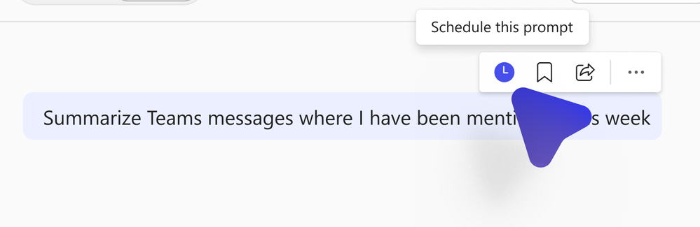 Copilot Chat ellipses menu with the option to share, save, schedule, export, and read aloud a Copilot prompt string text ‘Schedule this prompt’.